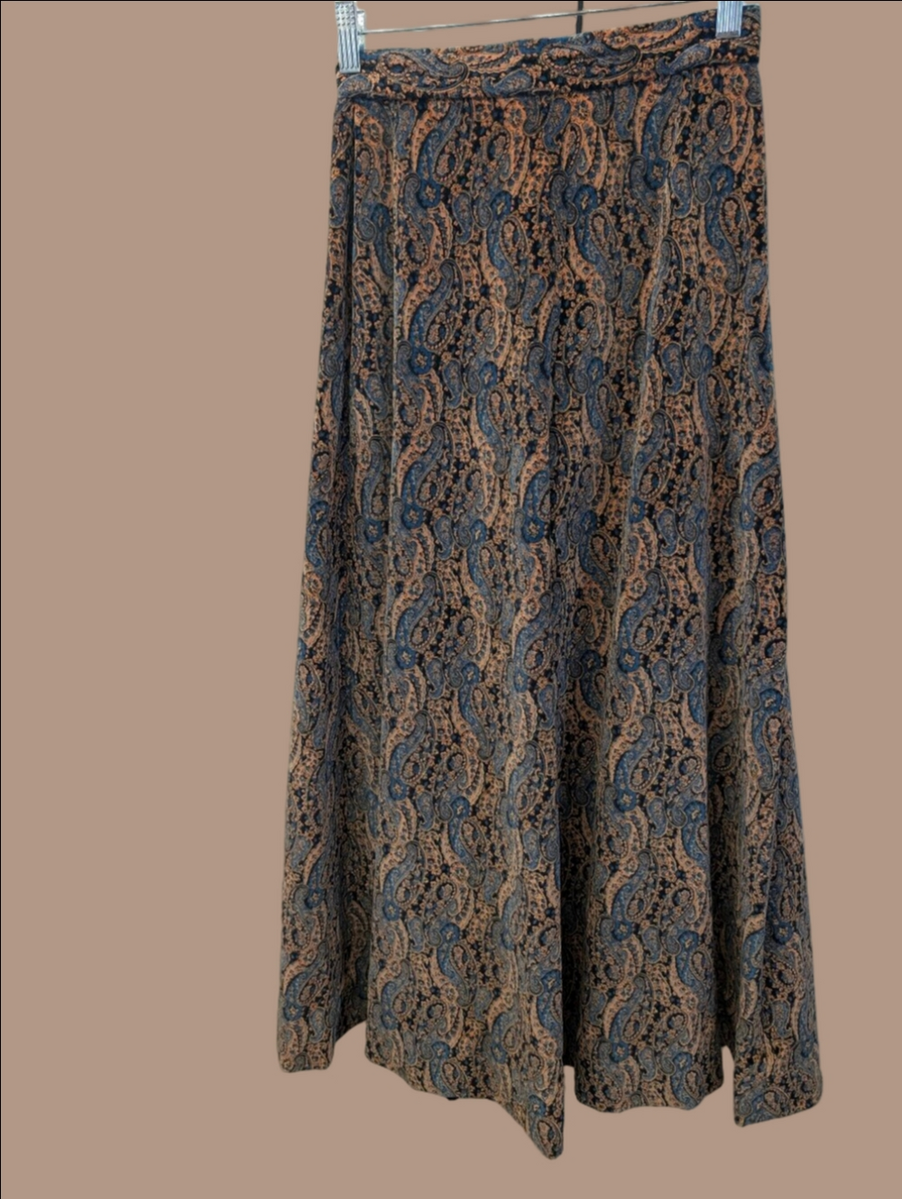 Vintage Velvet Paisley A-Line Skirt Navy Tan Handmade Circle Skirt 1970